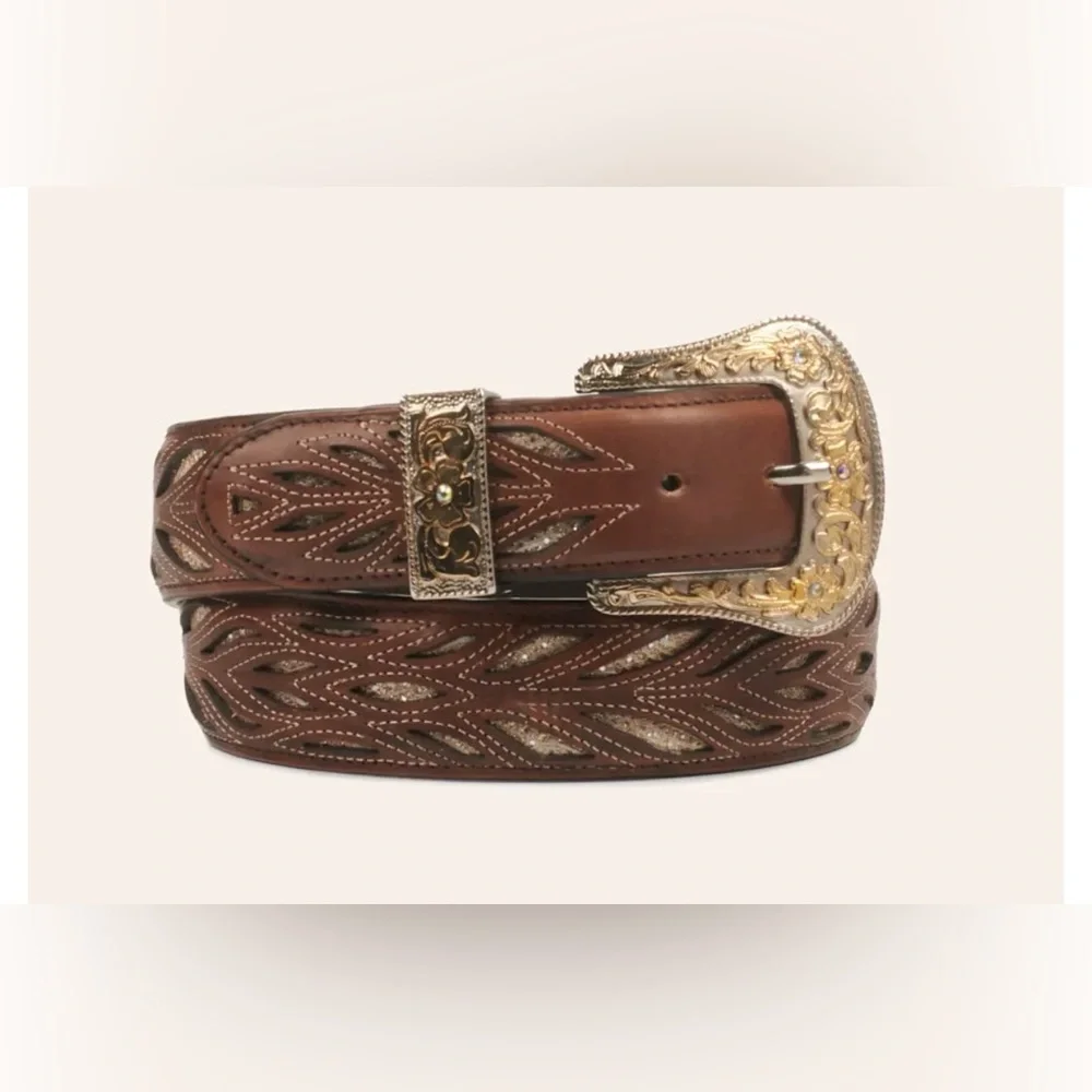 Cavender’s Brown Leather Western Belt Gold Glitter Inlay Buckle | Size L